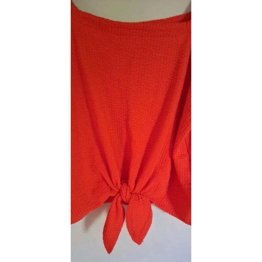 LOFT Top M Orange Textured Puff Sleeve Tie Front Square Neck Cotton Blend Blouse